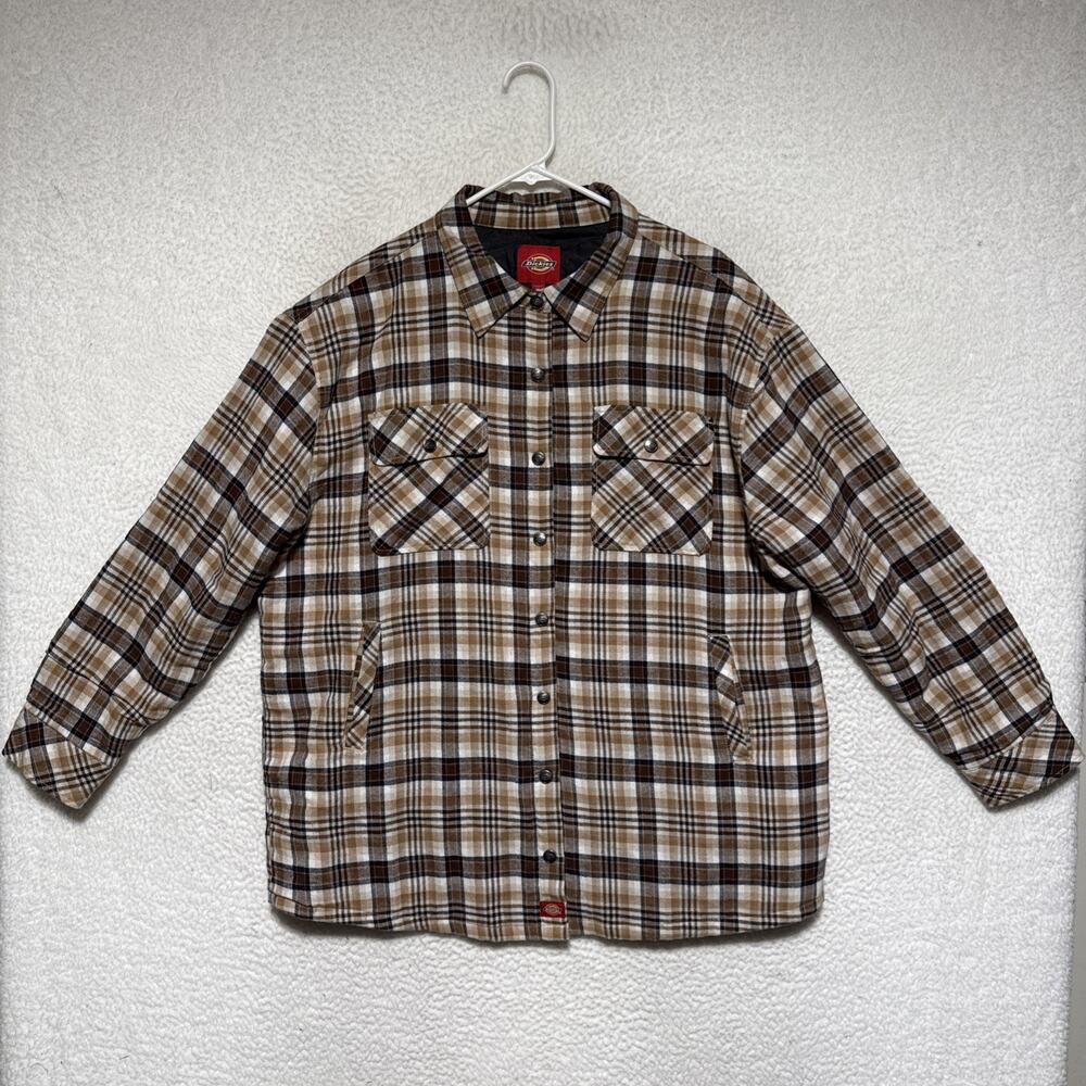 Dickies Flannel Jacket Womens L Brown and Tan Plaid Quilted Lined Snap Coat
